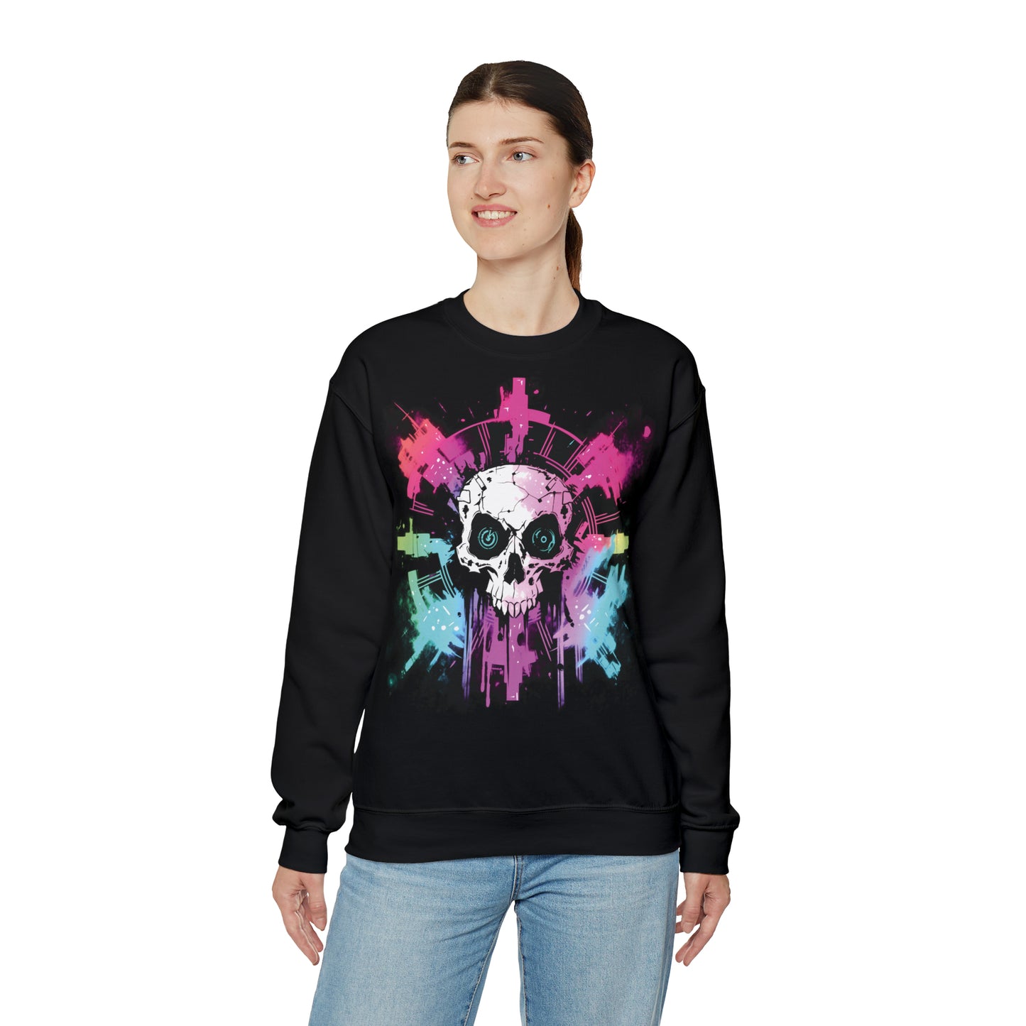 Skull, Color, Pink, Women and Men Unisex, Crew Neck Sweatshirt