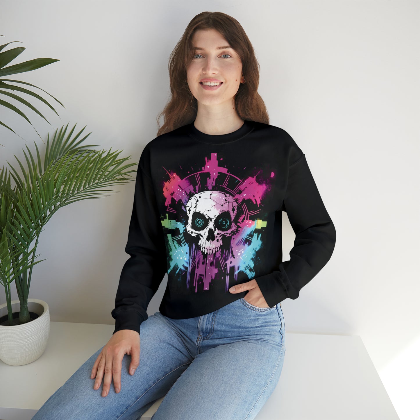 Skull, Color, Pink, Women and Men Unisex, Crew Neck Sweatshirt